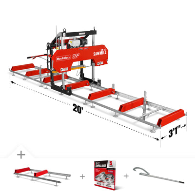 32" Portable Sawmill (5 x Blades Included), HONDA GX390 389cc E-Start Gasoline Engine, 26.5" Board Width, 20' Track Length (13' Track Length + 6.4' Track Extension Included) , SM-32