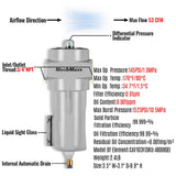 53 CFM Compressed Air Oil-Water Separator Precision Filter,0.01μm,Oil Content 0.001ppm, With Auto Drain, Pressure Indicator thumbnail 2