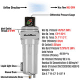 99 CFM Compressed Air Oil-Water Separator Precision Filter,0.01μm,Oil Content 0.001ppm, With Auto Drain, Pressure Gauge thumbnail 2