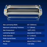 65" Wide Format Full-Auto Cold & Heat Assisted Pneumatic Laminator Machine with 4 Trimmers, Max Speed 40ft/min, 63" Max Width, 1.1" Max Thickness, Infrared Heating, Digital Control Pneumatic Roller Lifting (Requires Air Compressor, Not Included) 1700-B1 thumbnail 7