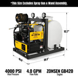 4000 PSI 4 GPM ZONSEN E-Start Engine Hot Water Pressure Washer Skid Mounted with 175 Gal Tank,  HPW40DT thumbnail 2