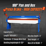100-inch Manual Sheet Metal Brake - 12 Gauge Bending Capacity, Adjustable Fingers, 8 Ft. Heavy-Duty Steel Construction, Precision Bending for Box and Pan PB10012 thumbnail 2