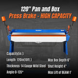 120-inch Manual Sheet Metal Brake - 14 Gauge Bending Capacity, Adjustable Fingers, Heavy-Duty Steel Construction, Precision Bending for Box and Pan PB12014 thumbnail 3