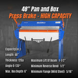 48” Manual Pan and Box Brake - Heavy Duty, Durable Construction, 12 Gauge Mild Steel, 135° Bending Angle, Individual Bending Fingers" PB4812 thumbnail 3