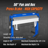 50-Inch Foot Clamp Pan and Box Brake, Light Duty Sheet Metal Folding Machine, 0–135° Bending Angle, 1.9" Clamping Lift, 2" Box Depth PBA5014 thumbnail 2