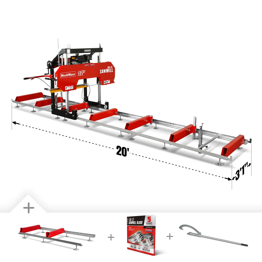 32" Portable Sawmill (5 x Blades Included),   KOHLER CH440 429cc E-Start Gasoline Engine,  26.5" Board Width,  20' Track Length (13' Track Length + 6.4' Track Extension Included) ,  SM-32